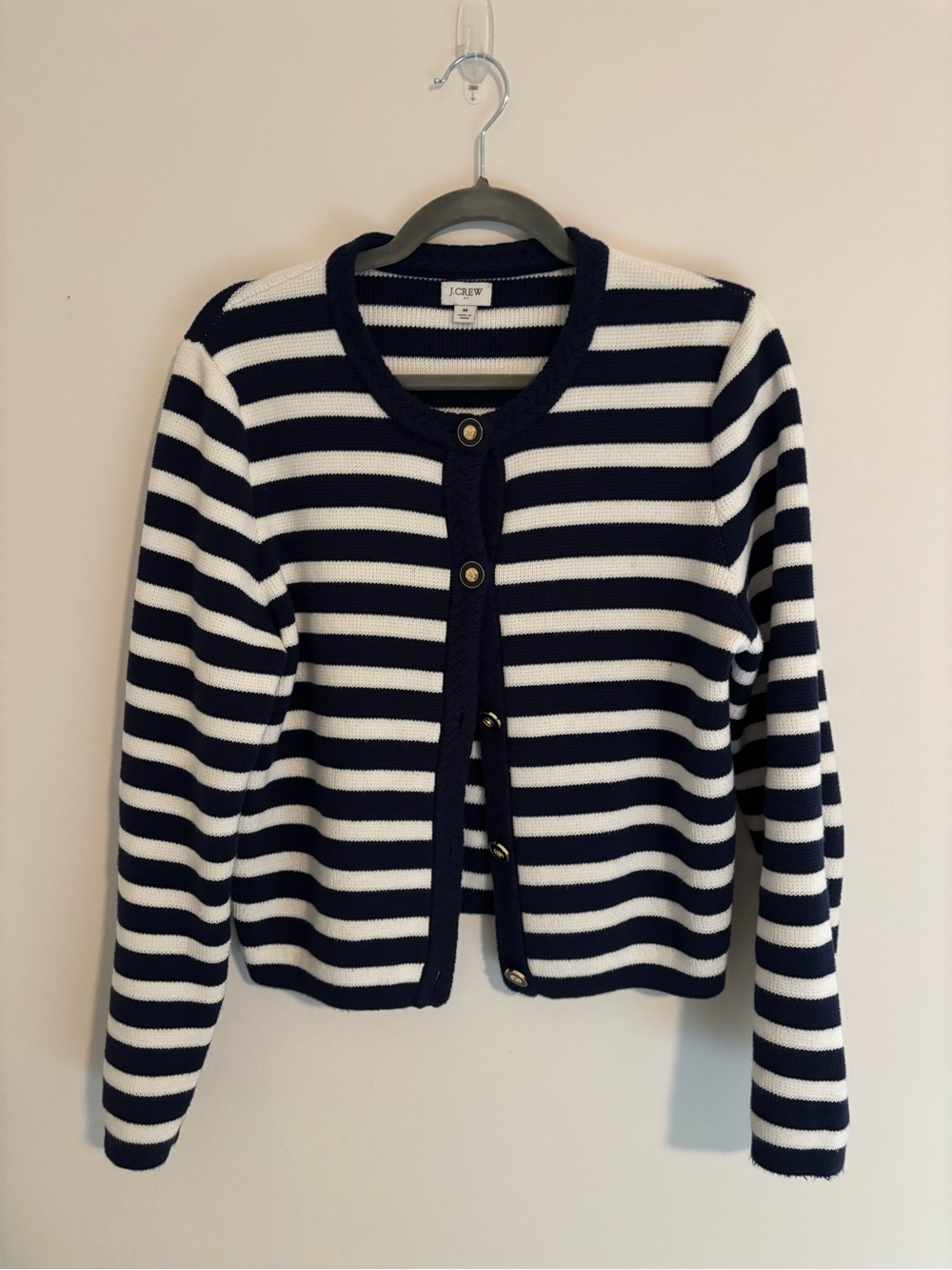 J. Crew Navy and White Striped Crewneck Cardigan